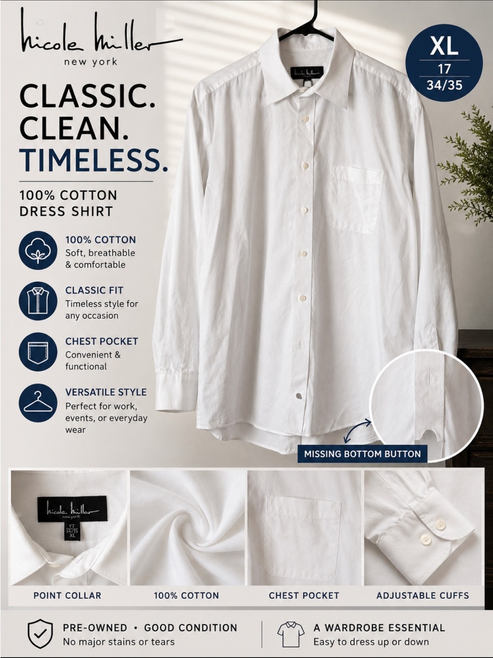 Nicole Miller White 100% Cotton Dress Shirt - Classic Fit